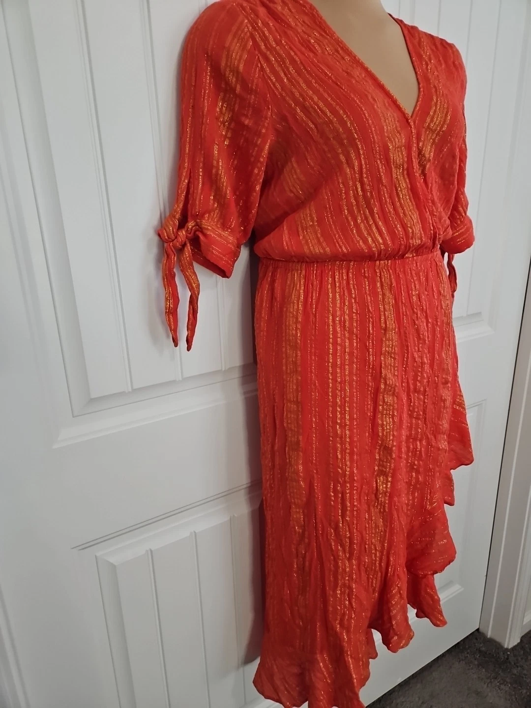 Abito donna Michael Kors arancione oro righe metallizzate scollo a V finto avvolgente taglia XL