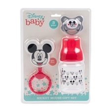 DISNEY baby Mickey Mouse 5oz Bottle Pacifier Teething Rattler 3 Pc GIFT Set NEW