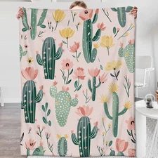 Cactus and Wildflower Blanket,Gifts for Women Teens,Lightweight Flannel Throw...