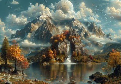 8x10 Art Print Lake Mountain Painting Waterfall - 31396776