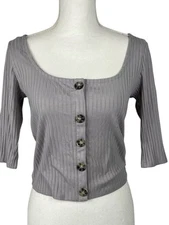 Women Blouse Size M Heathered Gray Ribbed Crop Top 3/4 Sleeve
