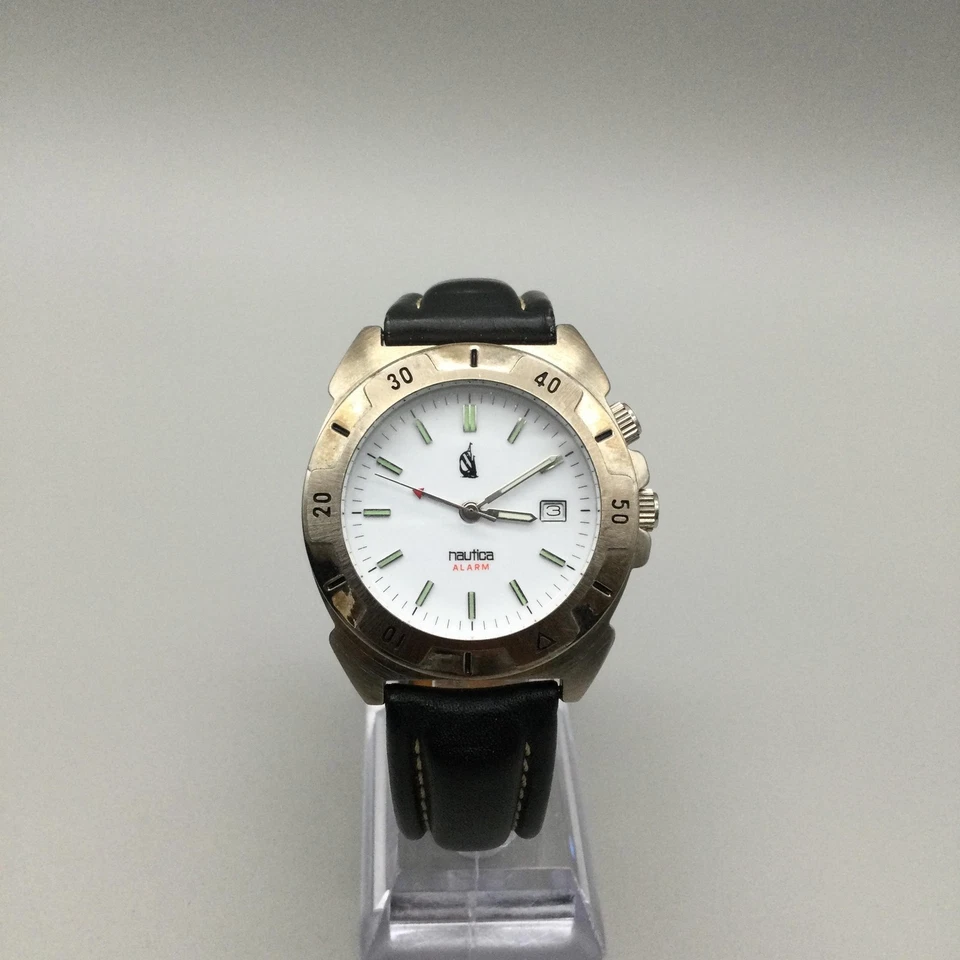 Reloj despertador Nautica para hombre fecha correa de cuero negro en caja batería nueva Foto 3 de 4