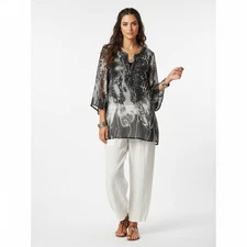 Black Saks Fifth Avenue Womens Printed Keyhole Neck Tunic Blouse Size Medium