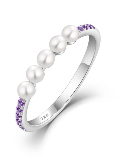 Pearl Stackable Rings For Women, 925 Sterling Silver Created Amethyst Birthst...
