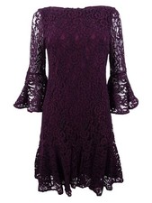Calvin Klein Women's Flounce Hem Bell-Sleeve Lace Dress (2, Aubergine)