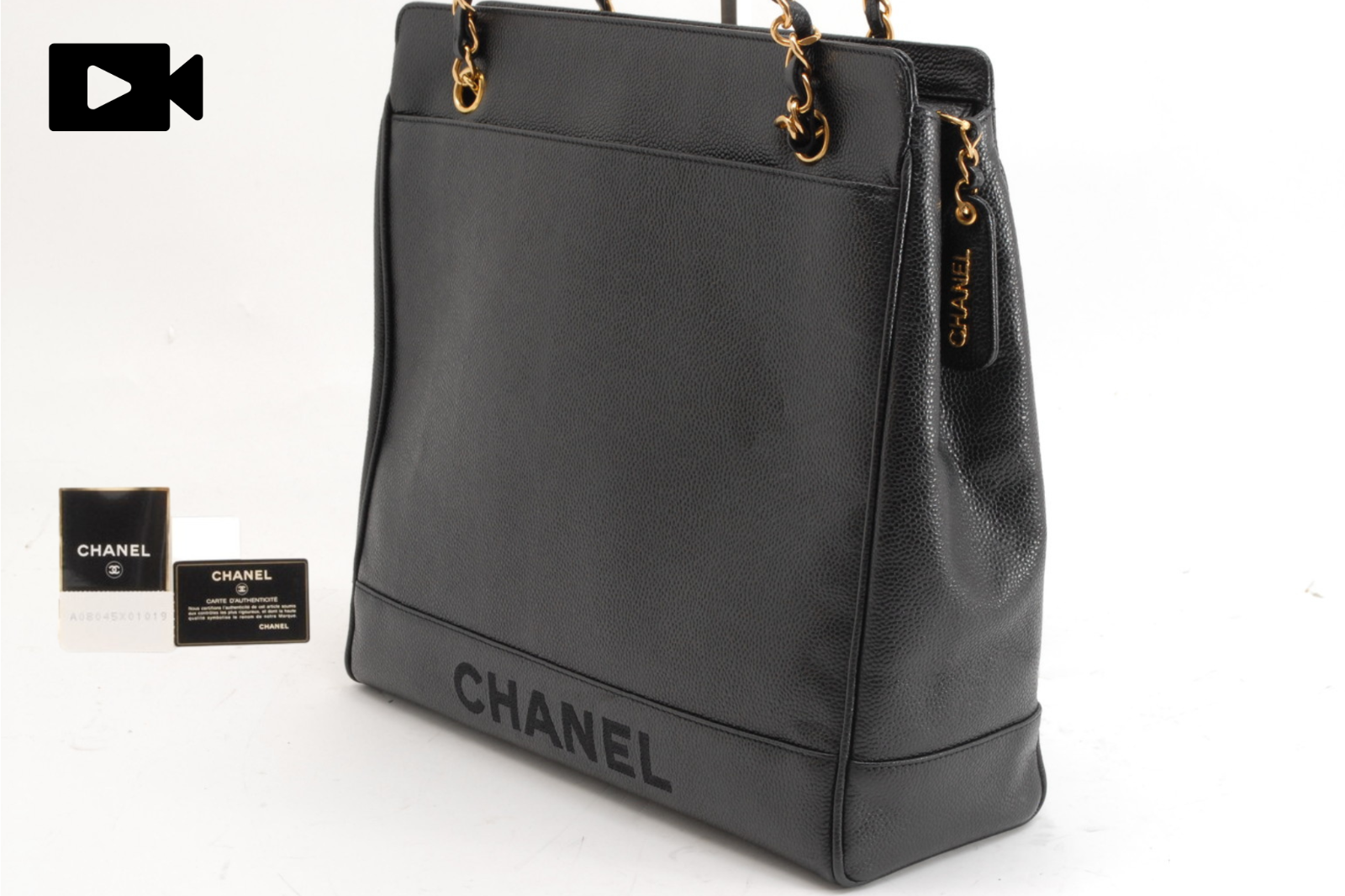 [Excellent+++] CHANEL Caviar Chain Tote Bag Black Gold HW Embroidered Logo JAPAN-image