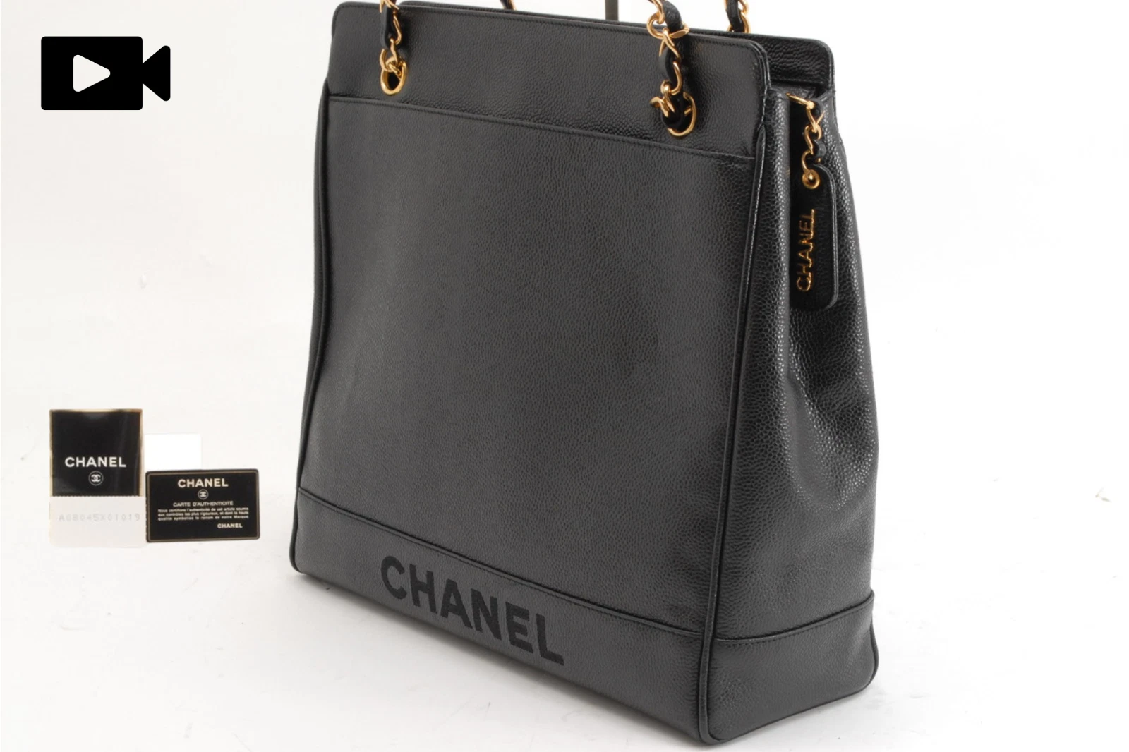 Chanel — [Excellent+++] CHANEL Caviar Chain Tote Bag Black Gold HW Embroidered Logo JAPAN