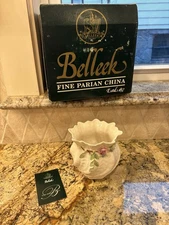 Vintage Belleek Ireland Carlingford Cache Pot Pink Rose Vase Porcelain Roses