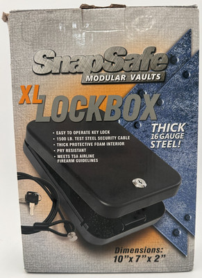 SnapSafe XL Lockbox 10x7x2 Steel Portable Security Safe w/ Cable Unused