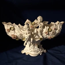 Vintage Double Compote Centerpiece Made In Japan Dresden Style Cherubs 13.25”L