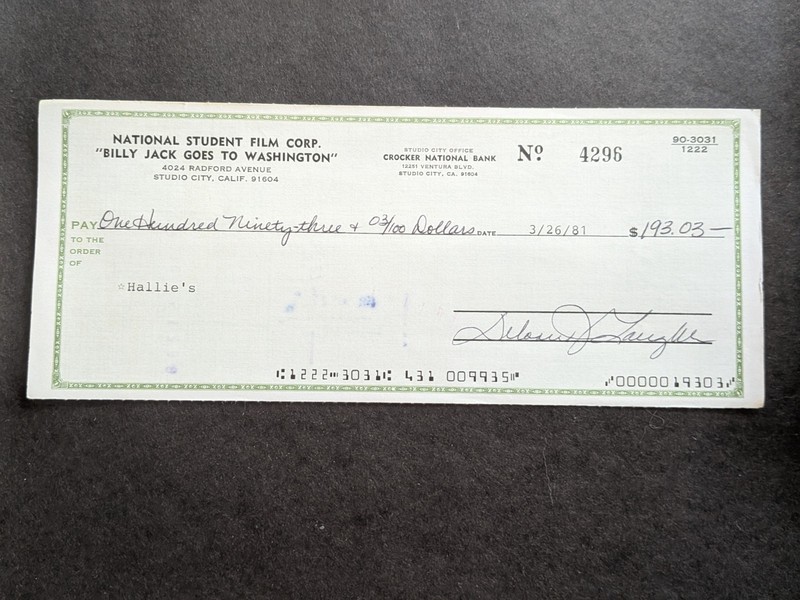 Delores Taylor (d. 2018) Signed 1981 Check -  Billy Jack Goes to Washington