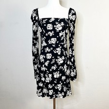 Sezane Mini Dress Carola Black White Floral Square Neck Long Sleeve Size 36 / 4
