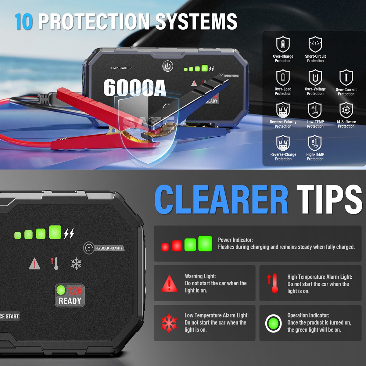 Portable 6000A Car Jump Starter Emergency Heavy Duty Battery Booster Supersafe