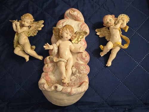 1994 Fontanini Depose Italy Holy Water Font & 2 Angel Cherubs