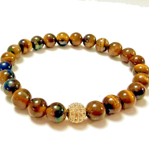 Authentic Handmade 8mm Tiger Eye & 18k Gold Plated Cubic Zirconia Beaded Bracelet