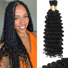 Human Braiding Hair Mix Synthetic Deep Wave Bulk Hair for Braiding, 18 Inch Wet