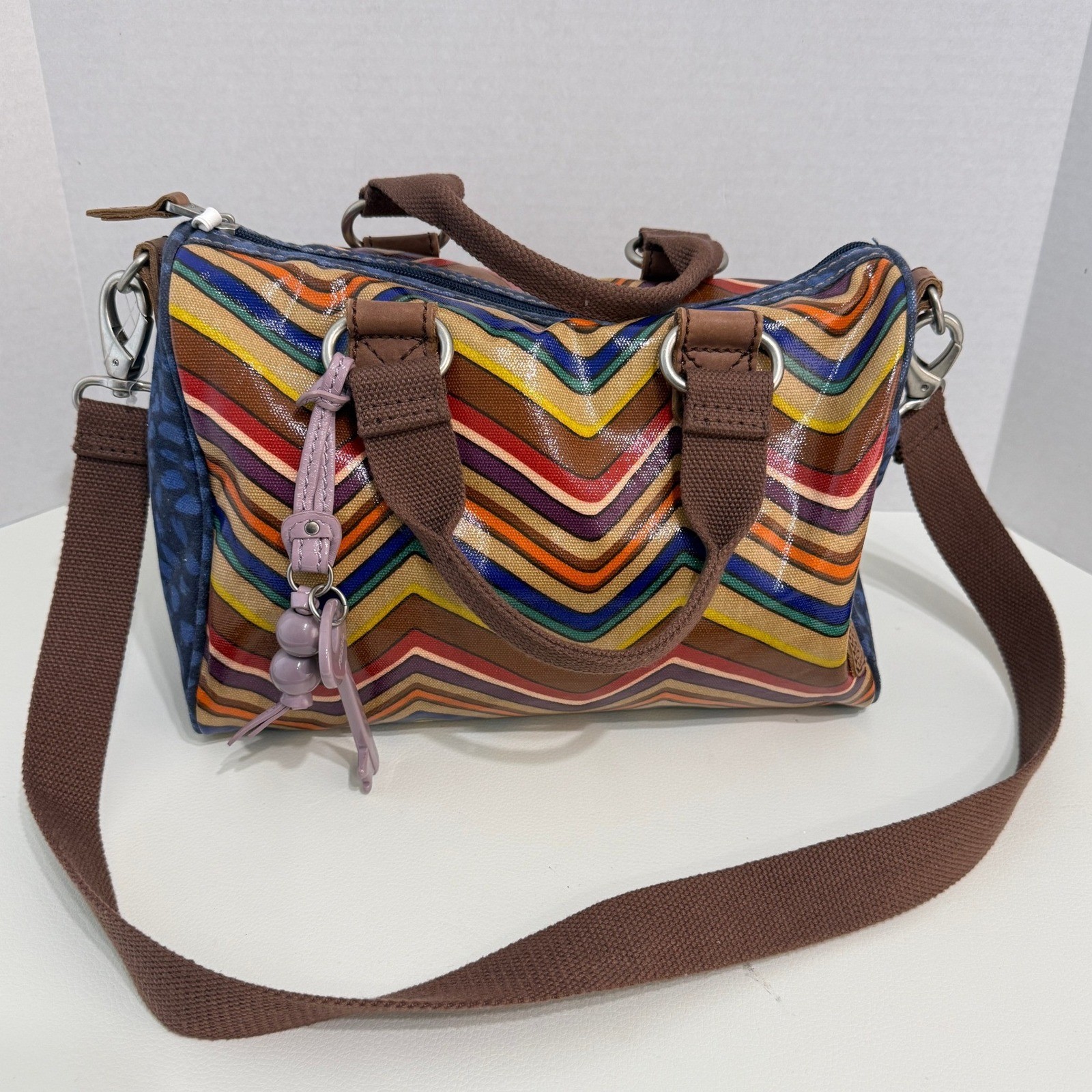 Fossil Key-Per Satchel Crossbody Bag Coated Canvas Earthy Rainbow Stripe