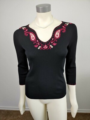 Erik Spencer women paisley burgundy embroidered stretch black top blouse size  M