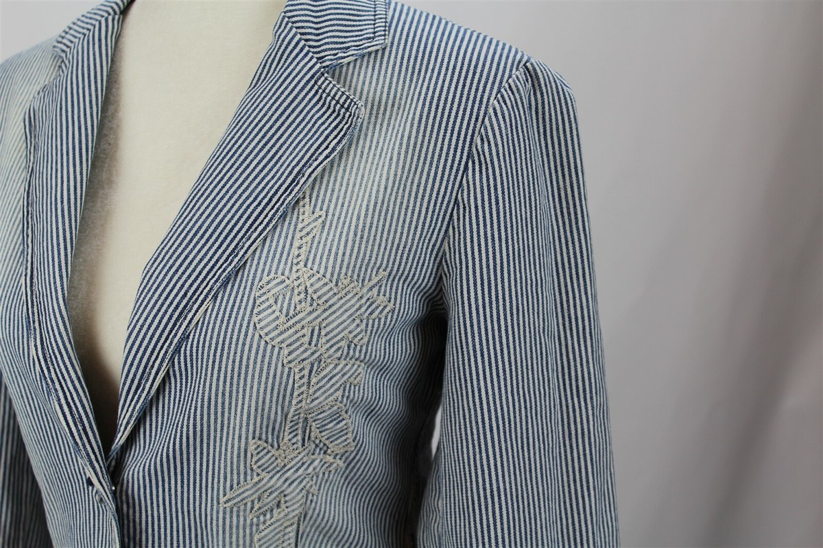 美品/レコパン LES COPAINS blue 美形大人ベスト 44号(11号Lサイズ相当) グレー ストライプ ウール混 伊製 春秋向け 売れ筋商品|||トップス レディース Les Copains Women's Jacket Blazer 44 Denim Blue White