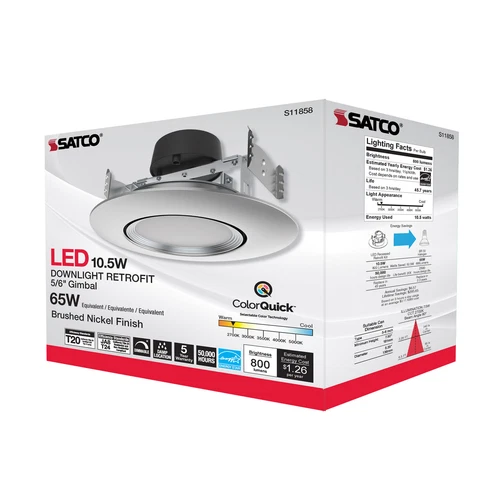 Satco S11858 10.5W LED Direct Wire Downlight Gimbaled 120V CCT Brushed Nickel - Picture 8 of 9