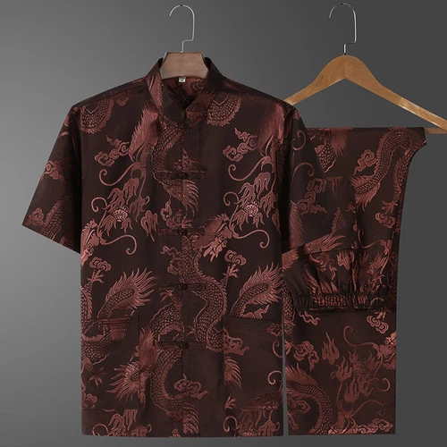 Men's Silk Satin Tang Shirt Tops Dragon Print Short Sleeve Chinese T-shirt Pants - Picture 6 of 16