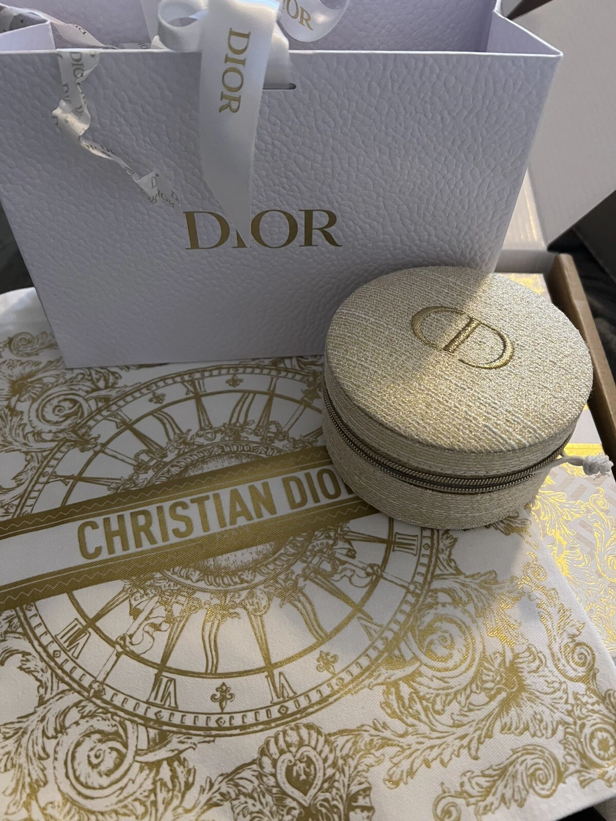 DIOR Pochette Dorée Sac à Maquillage Rond Bijoux Étui de Voyage avec Sac Et Sac Cadeau NEUF