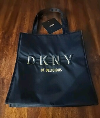 DKNY ''BE DELICIOUS'' Tote Bag Black & Lime Green 100% Nylon Outside NWT