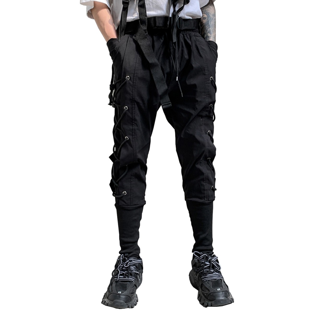 Niepce Men's Tech Pants with Cross Cords Black Techwear Fitted