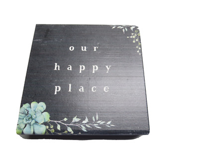 Plaque Sincere Surroundings Our Happy Place 5.5 Inches Square Blue Flowers Wood
