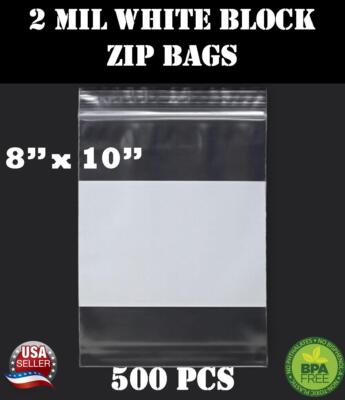 500 8''x 10'' Zip Seal Reclosable 2Mil Plastic Top Lock Bags White Block Jewelry