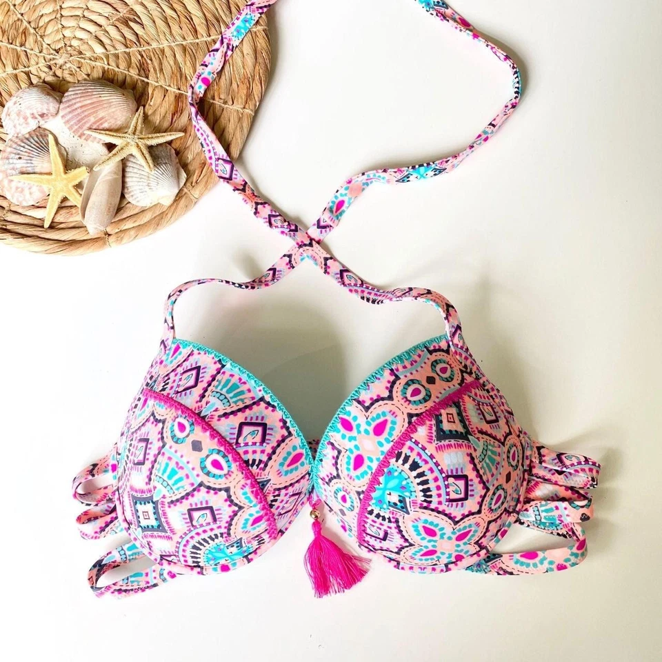 Shade & Shore 女士珊瑚色/热粉色流苏比基尼吊带上衣 38C — 第 3/4 张图片