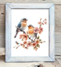 2 Birds Art Print, Birds on a Branch and Flowers Wall Art Decor, Home Decor