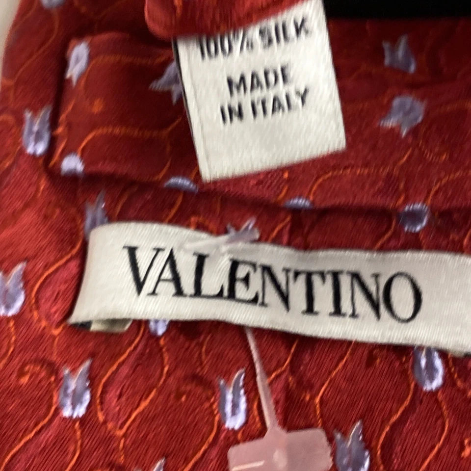 Valentino Tie RED Silk Men’s Geometric FLORAL Necktie Made In Italy.  G2 - Image 4 of 4