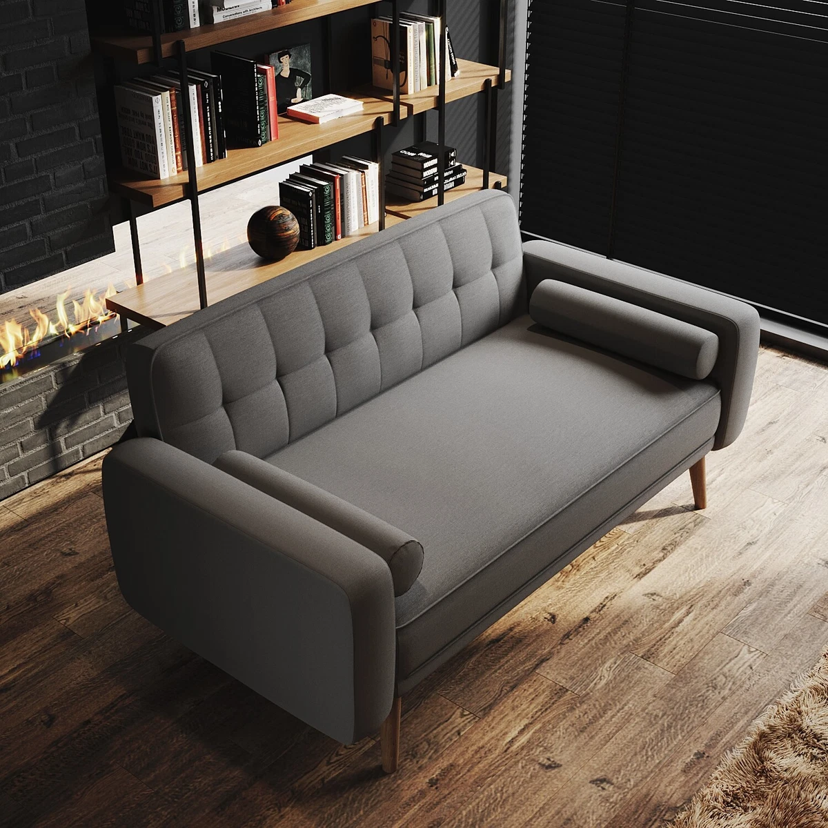 Grey 3 Seater Fabric New Foam Sofa Bed Wood Legs Double Beds with