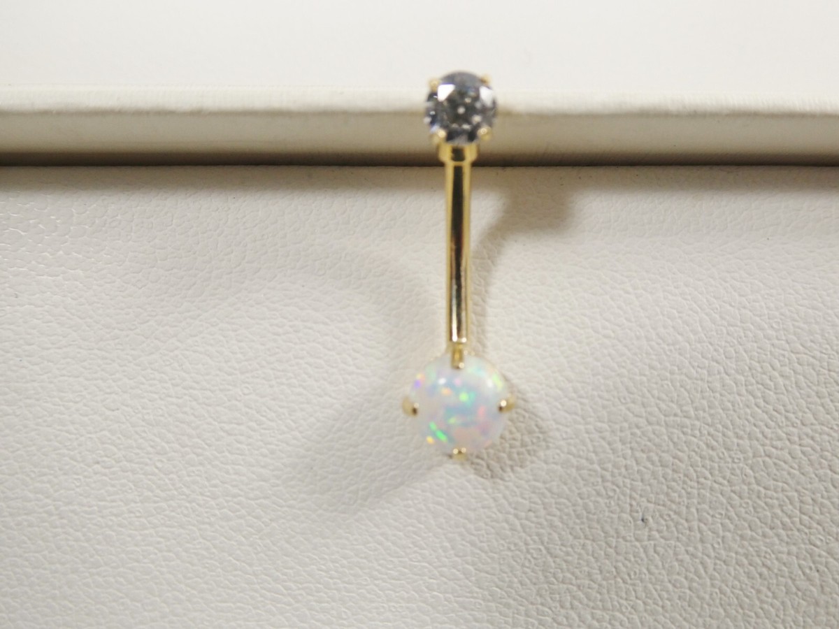 14K REAL SOLID YELLOW GOLD ROUND OPAL BODY BELLY BUTTON RING PIERCING