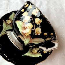 Aynsley Lily of the Valley Tea Cup & Saucer Black Yellow Hand Painted RARE