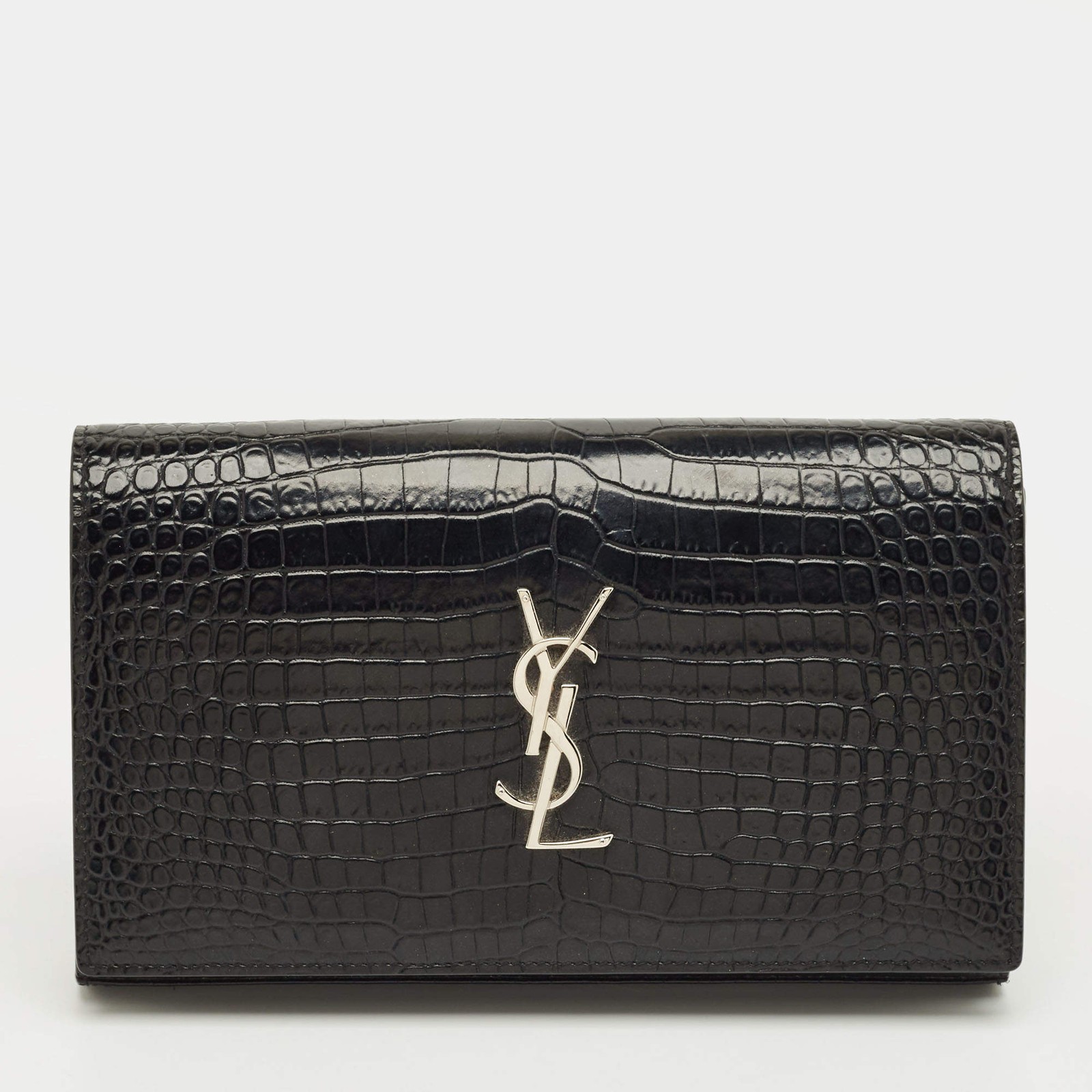 Saint Laurent Paris Kate Black Croc Embossed Leather Clutches