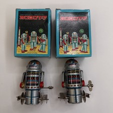2 Schylling Robot Collectible Wind Up Tin Walking Toys With Original Box