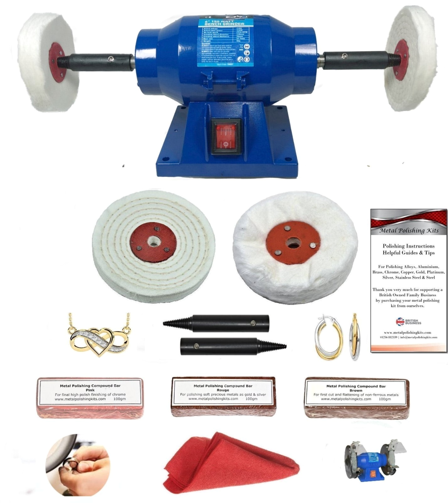 Jewellery Polisher Polishing Machine 6in Bench Grinder 150W 4"" Polishing Kit