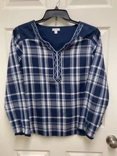 Rebecca Malone Woman's Plaid Peasant Top Blouse Size 1X Blue Cotton Lightweight