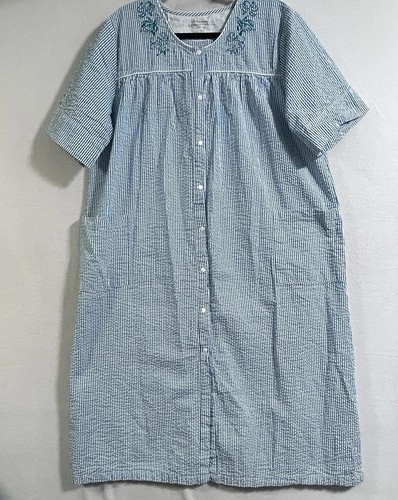 Vermont Country Store 1X Cotton Seersucker Stripe Pearl Snap Nightgown Housecoat