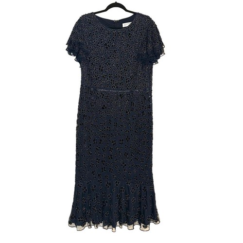 NWOT Mac Duggal Flutter Sleeve Beaded Navy Midi Dress in Midnight 14 - Picture 3 of 9