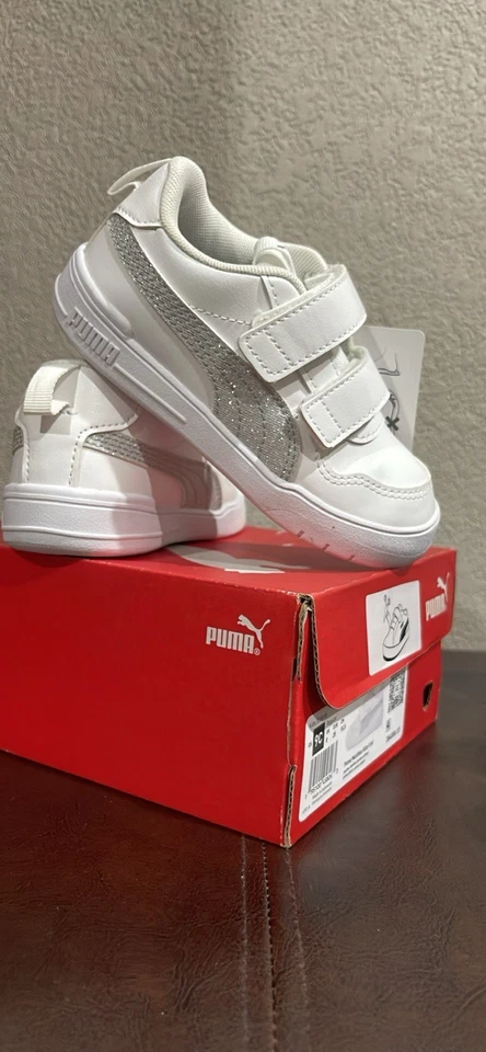 Zapatillas informales blancas PUMA Multiflex Glitz Fs V sin cordones para niñas pequeñas 384 Foto 2 de 2