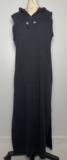 Vtg Maxi Hostess Dress L Black Coverup Pool Beach Lounge Sleeveless Hooded USA