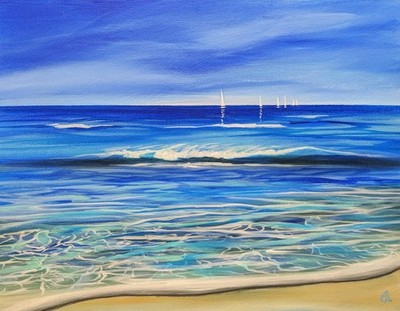 Original Coastal Painting. Beach Art. Ocean Waves & Sailboats. 14'' Canvas. OOAK
