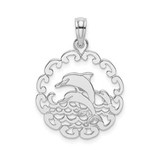 14k White Gold Dolphin Pendant Ocean Wave Circle Scrollwork Nautical Marine Char