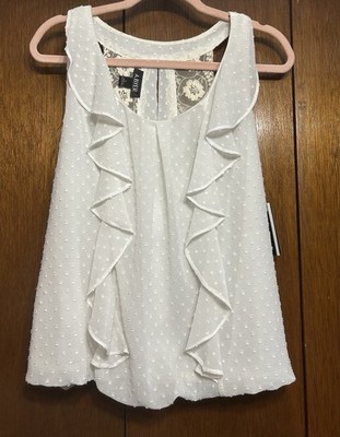 A. Byer Off-white Sleeveless Blouse w/Swiss Dot Texture/Cascading Ruffles L NWT