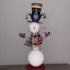Pier 1 One Metal Glitter Snowman With Top Hat And Candy Cane 18” HTF