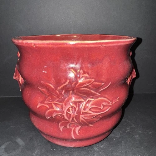 Burgundy McCoy Jardiniere Planter Leaves And Berries 7” Double Handles