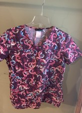 Cherokee Women's Scrub Top Multicolor Floral Short Sleeve V-Neck Size Medium